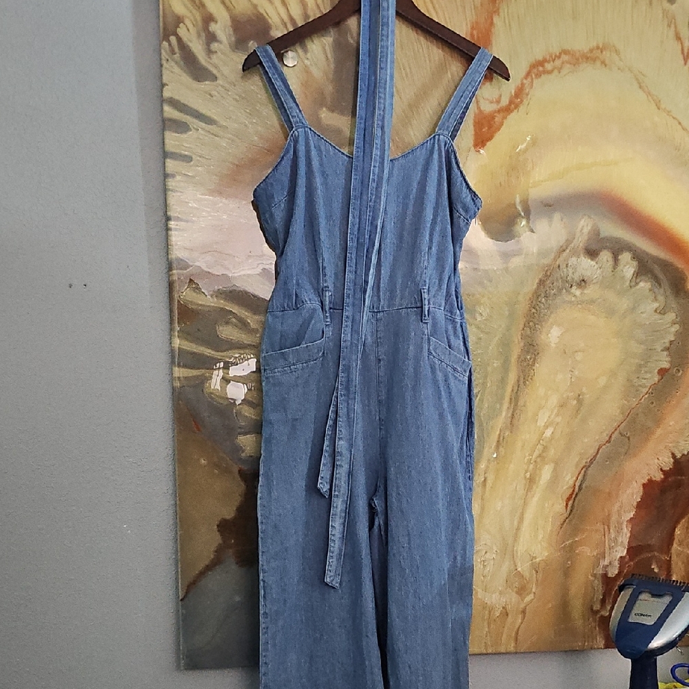 Rewash Light Denim Bib Jumpsuit Barrel Cropped Sz L Cabincore Cottagecore